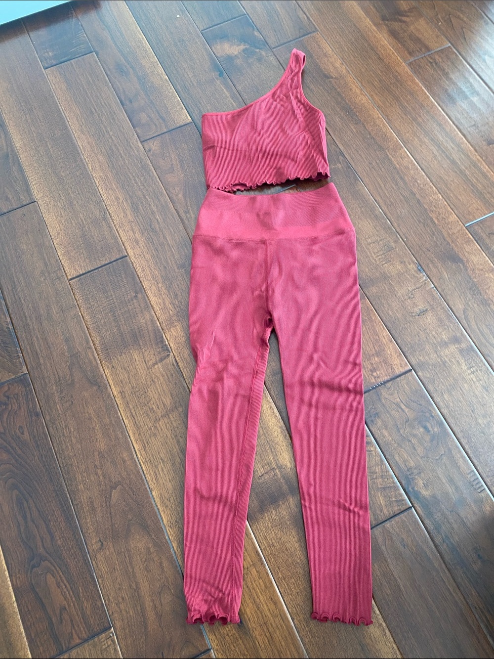 Spiritual Gangster Ribbed One-Shoulder Crop Top Berry Red with matching leggings